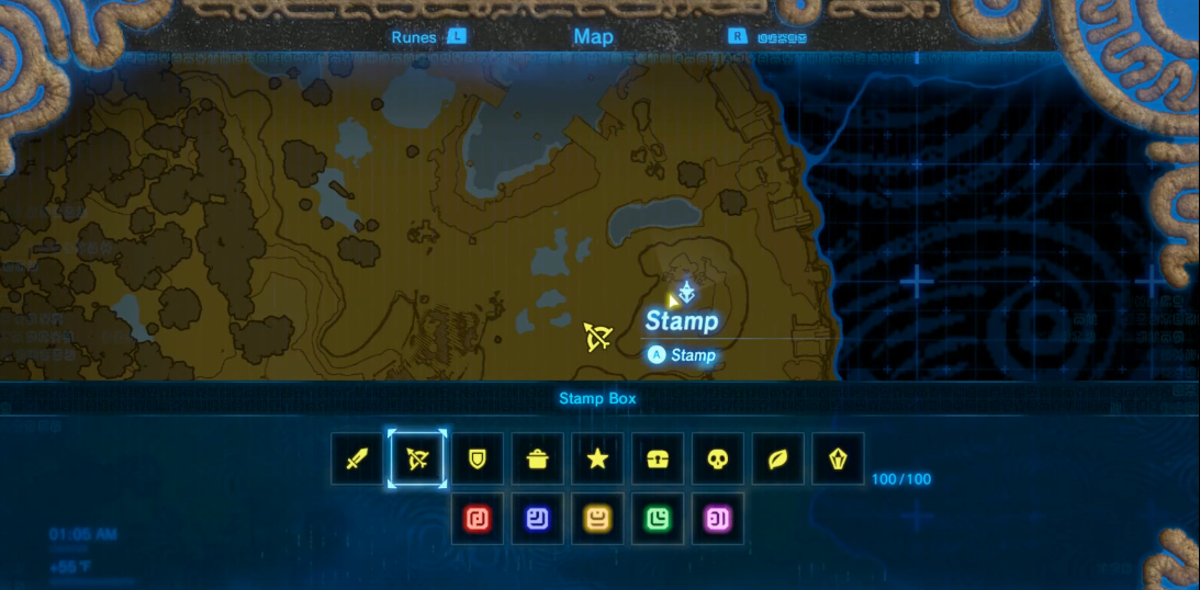 Screenshot of Breath of the Wild’s map stamp box UI. At the bottom third of the screen sits a menu overlaying the game’s map. This menu provides the ability to place stamps of various designs and view the remaining number of stamps remaining. Stamp designs vary between concept-based (e.g., a sword, bow and arrow, shield, cooking pot, etc) and abstract designs.